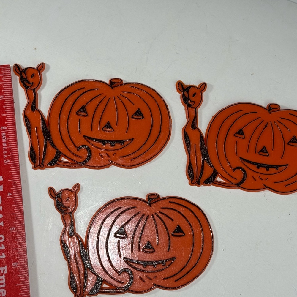 Lot of 3 Vintage Orange Jack-o-Lantern Pumpkin & Cat Halloween Cake Craft Decor